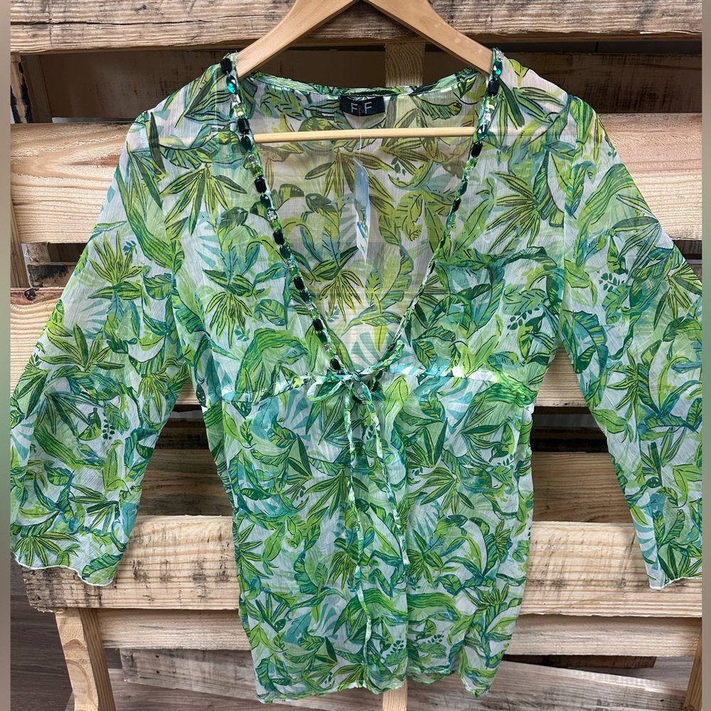 F&F NWT Med Green Leaf Print Embellished neck-line Swim Coverup